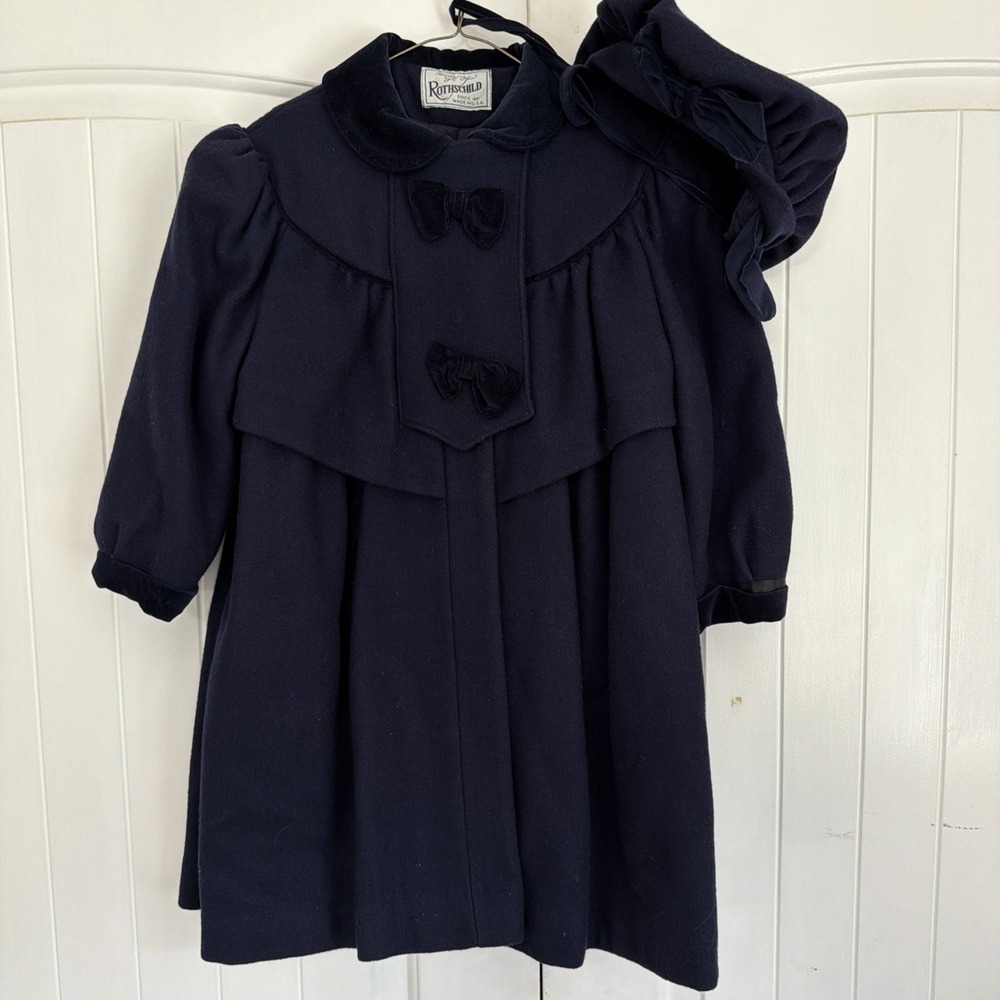 Vtg Rothschild Wool Coat Girl Sz 6 Navy Velvet Bow Matching Hat Warm Stunning